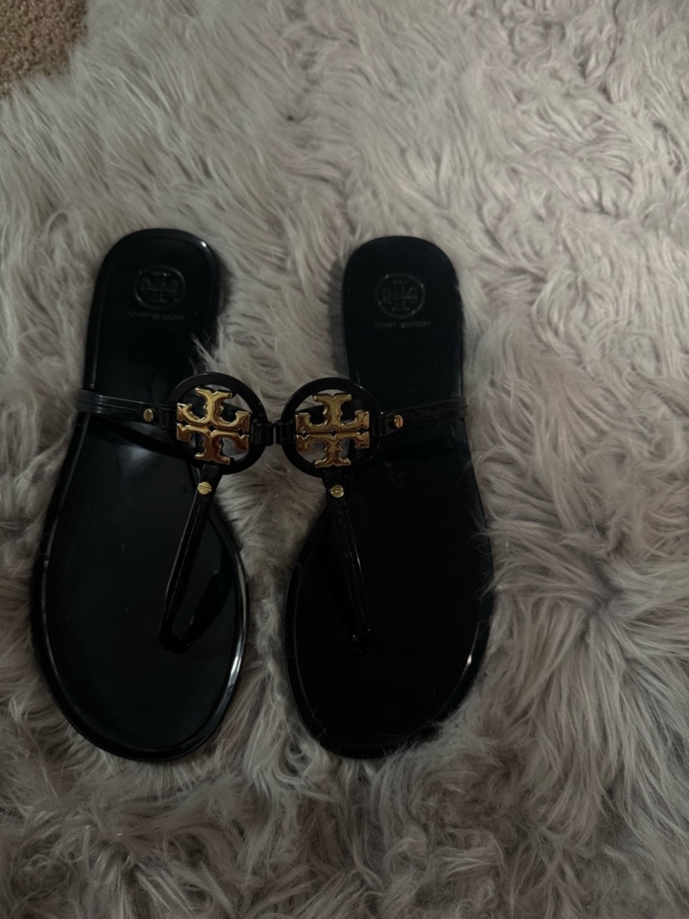 Tory Burch Black Jelly Sandals with Gold Logo Medallions